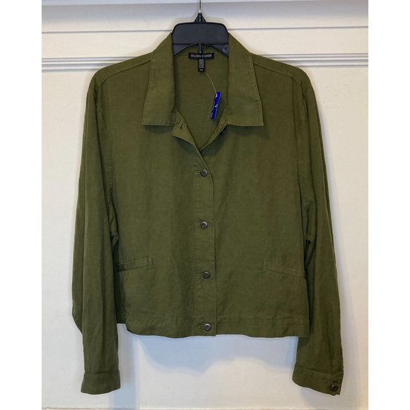 NWT Eileen Fisher Size Large Green Linen Long Sleeve Button Down Cardigan Jacket - Picture 2 of 10